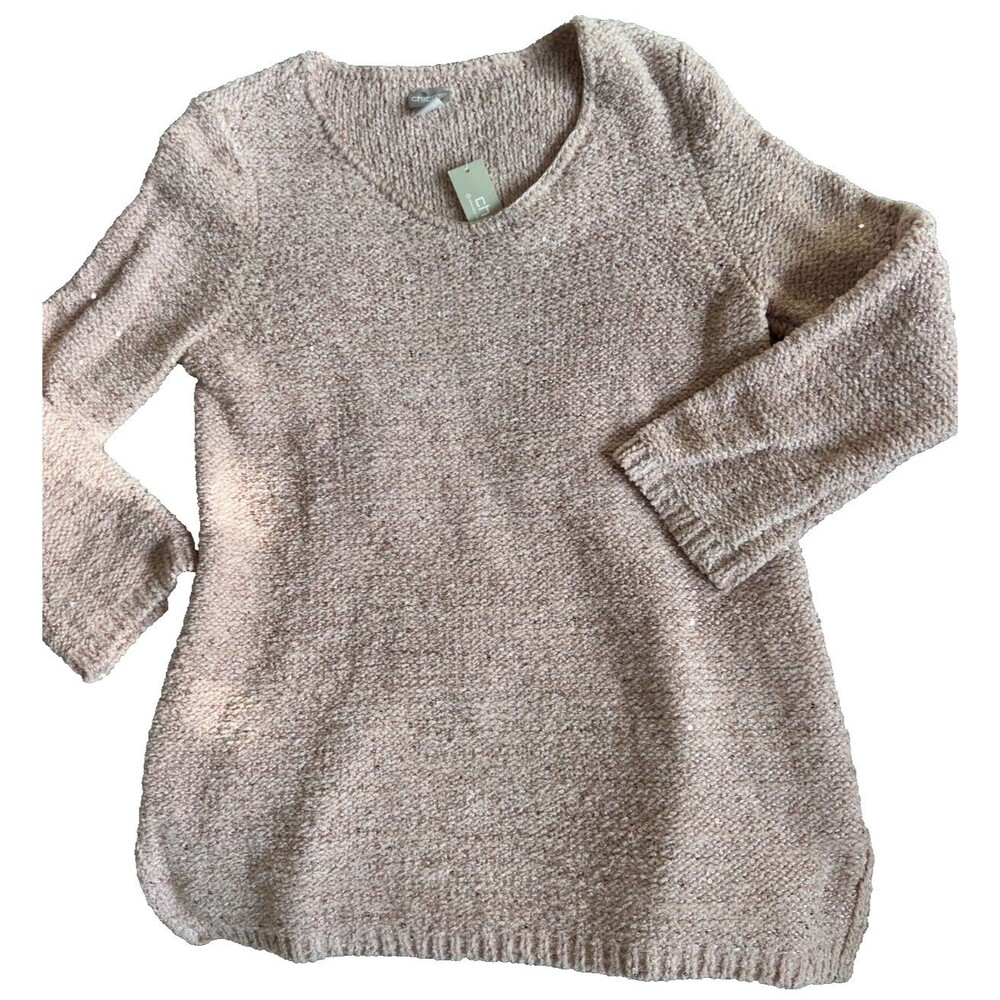 new Chicos 1 Pullover V Neck Sweater blush pink Silver Sequin Shine top shirt